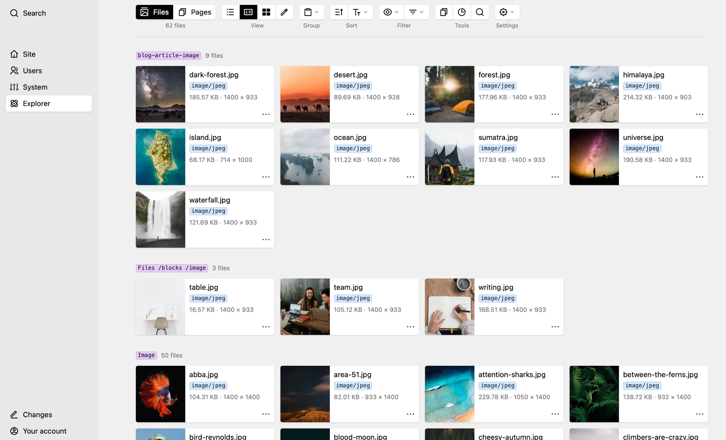 Files as cardlets, grouped by template